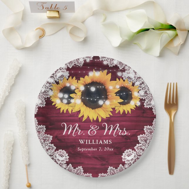 Plato De Papel Burgundy Rústico Wood Lace Sunflower Boda (Boda)
