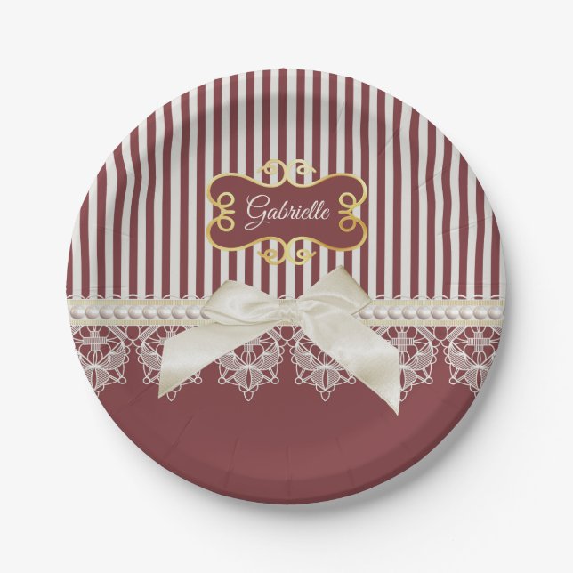 Plato De Papel Burgundy Stripe Lace Nombre (Anverso)