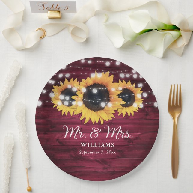 Plato De Papel Burgundy Sunflower Rustic Wood Boda (Boda)