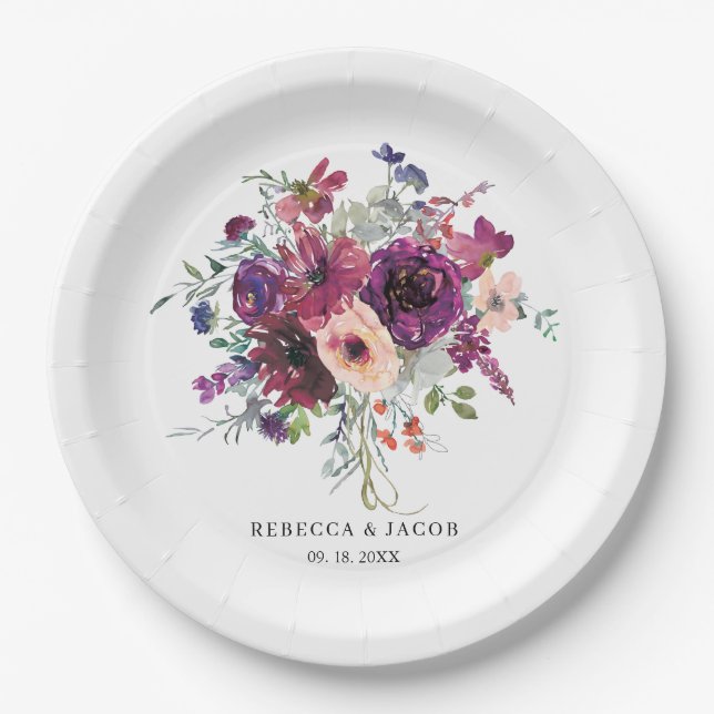 Plato De Papel Burgundy Watercolor Wildflowers Boho Boda (Anverso)