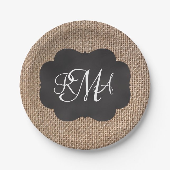 Plato De Papel Burlap Chalkboard Look Triple Guión Monogramado (Anverso)
