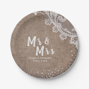 Plato De Papel Burlap Lace purpurina de plata Sr. y Sra. boda rús