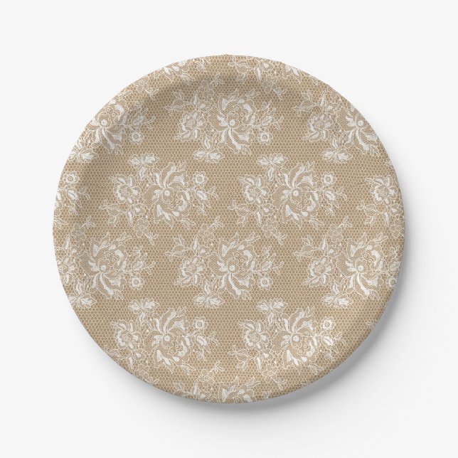 Plato De Papel Burlap & Lace Shabby Chic Floral Paper Placa (Anverso)