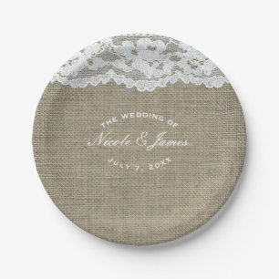 Plato De Papel Burlap & Lace simple Rústico Elegante Personalizad