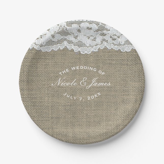 Plato De Papel Burlap & Lace simple Rústico Elegante Personalizad (Anverso)