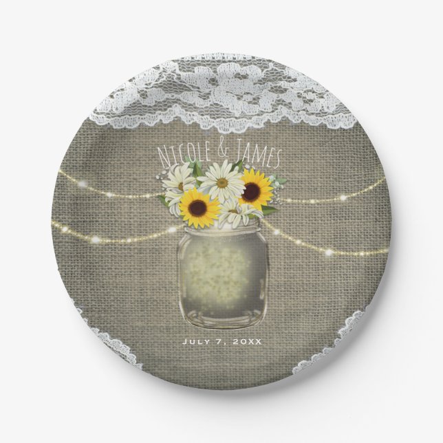 Plato De Papel Burlap Lace Sunflowers & Daisies Mason Jar Boda (Anverso)