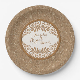 Plato De Papel Burlap Lace Wood Rústico Boda Bridal Shower