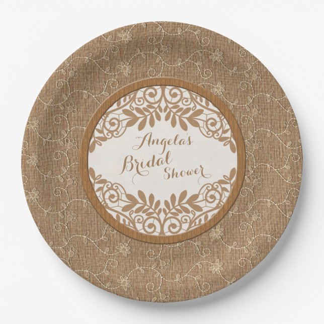 Plato De Papel Burlap Lace Wood Rústico Boda Bridal Shower (Anverso)