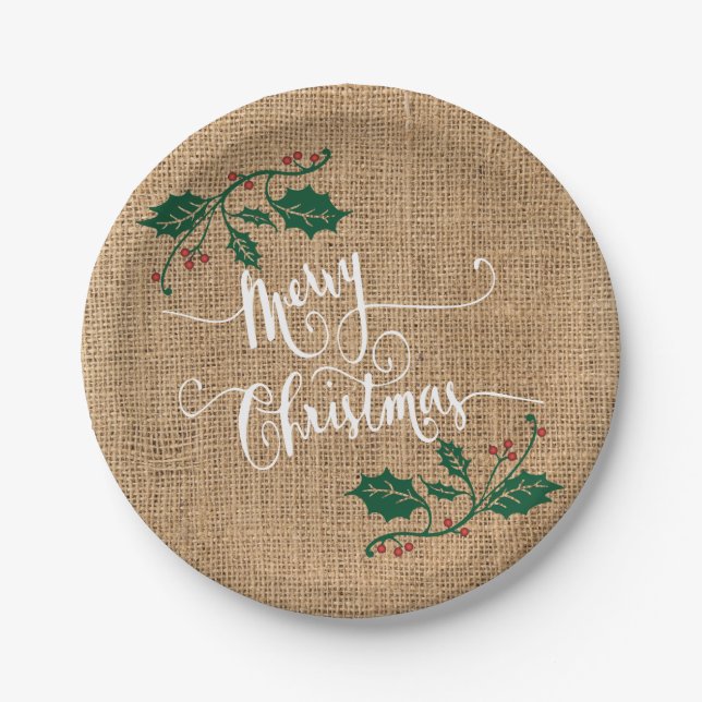 Plato De Papel Burlap Textura Feliz Navidad (Anverso)