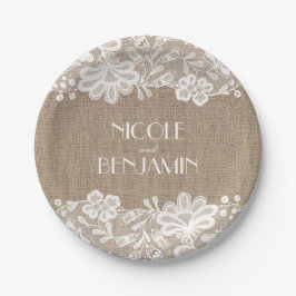 Plato De Papel Burlap y Lace Floral Elegante Boda