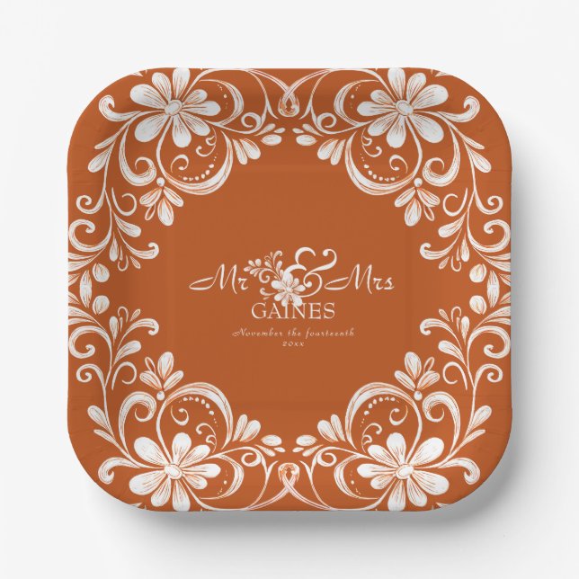 Plato De Papel Burnt Orange Shabby Chic Mr & Mrs Wedding Plate (Anverso)