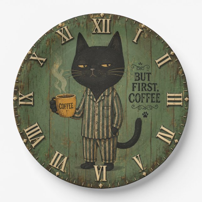 Plato De Papel But First Coffee Black Cat (Anverso)