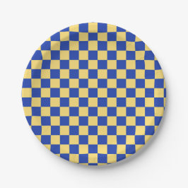 Plato De Papel Butter yellow and blue checkered board pattern