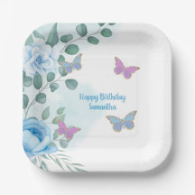 Butterflies Floral Blue Purple Gold Birday