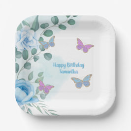 Plato De Papel Butterflies Floral Blue Purple Gold Birday