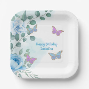 Plato De Papel Butterflies Floral Blue Purple Gold Birday