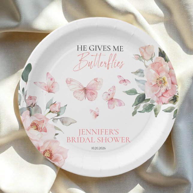 Plato De Papel Butterflies Floral Rosa Rubor Bridal Shower (Subido por el creador)