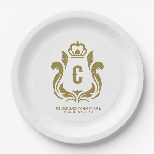 Plato De Papel C Inicial Crest de Oro Monogramado (Anverso)