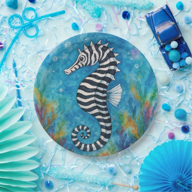 Plato De Papel Caballito de mar cebra acuarela (Fiesta)