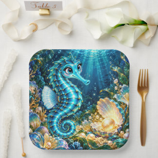 Plato De Papel Caballito de mar turquesa mágico y perla dorada ba