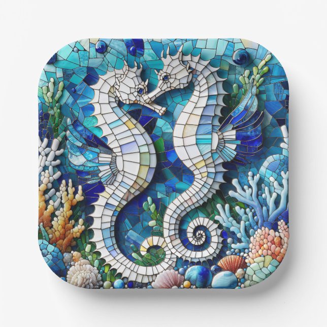 Plato De Papel Caballitos de mar mosaico romántico playeros   (Anverso)