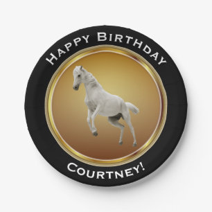 Plato De Papel Caballo blanco en feliz cumpleaños del falso oro