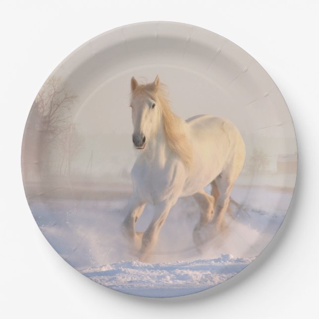 Plato De Papel caballo blanco en la nieve (Anverso)