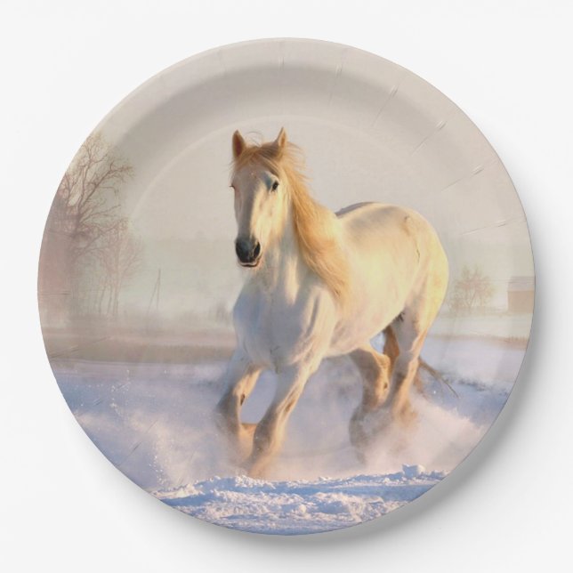 Plato De Papel Caballo blanco, Nieve blanca (Anverso)