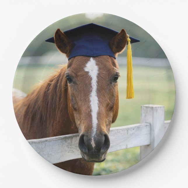 Plato De Papel Caballo con gorra de graduación (Anverso)