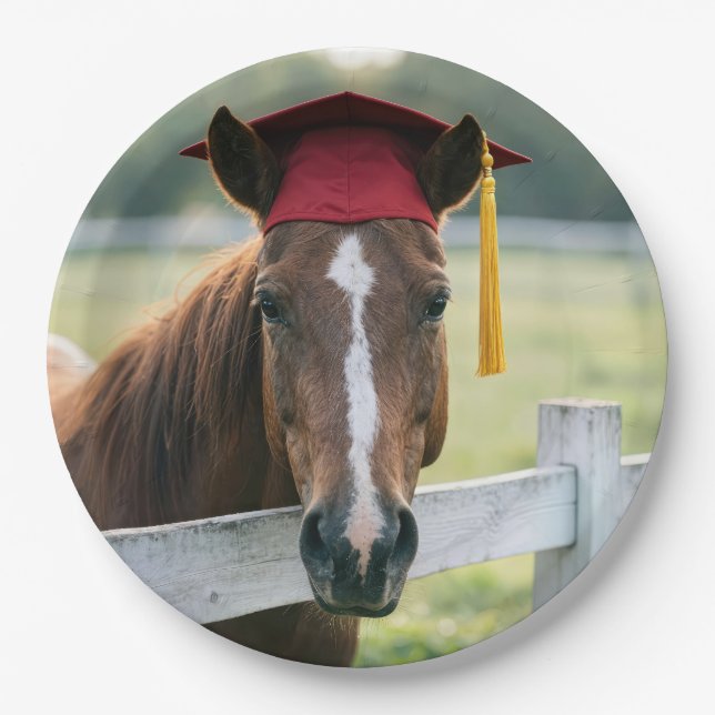 Plato De Papel Caballo con gorra de graduación roja (Anverso)