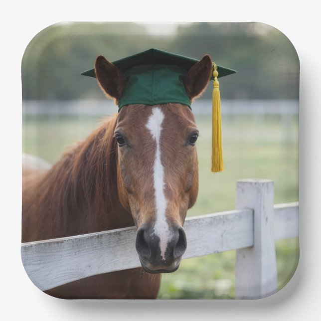 Plato De Papel Caballo con gorra de graduación verde (Anverso)