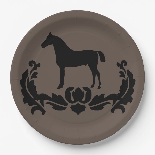 Plato De Papel Caballo Damasco blanco y negro (Anverso)