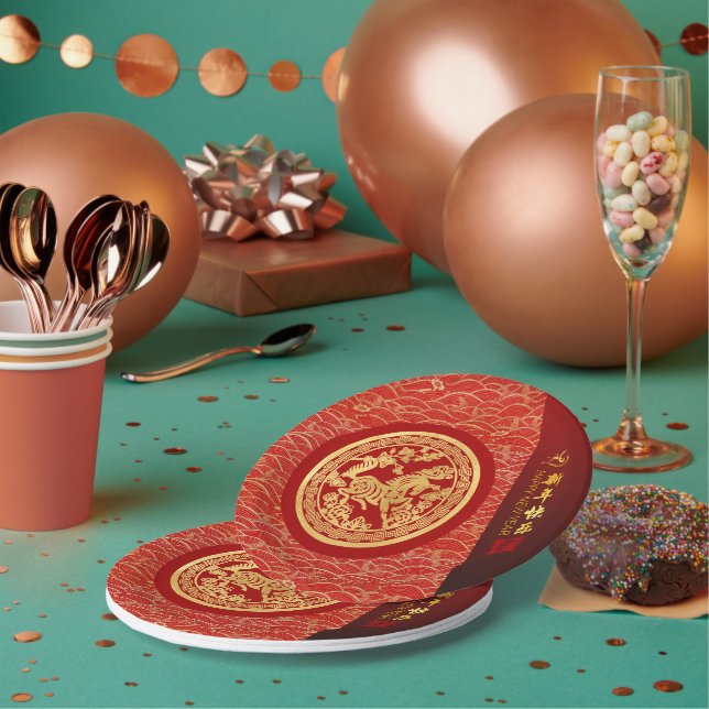 Plato De Papel Caballo de Año Nuevo Chino 2026 PPRP rojo de oro (Multi)