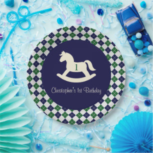 Plato De Papel Caballo de Balanza Preppy Argyle Cumpleaños 1