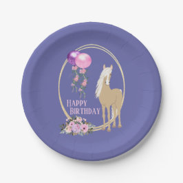 Plato De Papel Caballo de bonito y flores Pink Periwinkle Cumplea