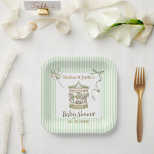 Plato De Papel Caballo de carrusel en acuarela verde Baby Shower
