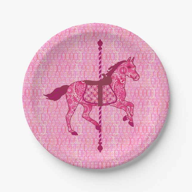 Plato De Papel Caballo de carrusel - rosa de la fucsia (Anverso)