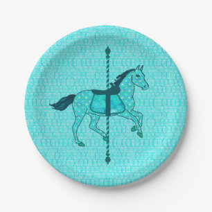 Plato De Papel Caballo de carrusel - Turquesa y Aqua