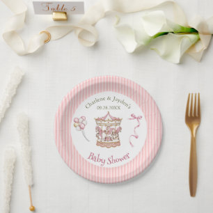 Plato De Papel Caballo de carrusel vintage en acuarela rosa para 