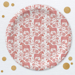 Plato De Papel Caballo de dala sueco rojo y blanco