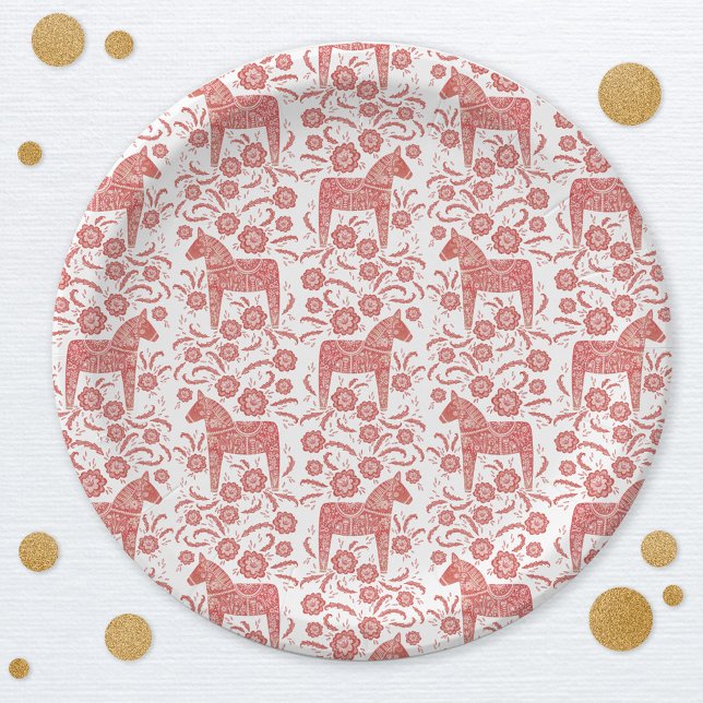Plato De Papel Caballo de dala sueco rojo y blanco (Swedish Dala Horse red and white pattern party paper plate)