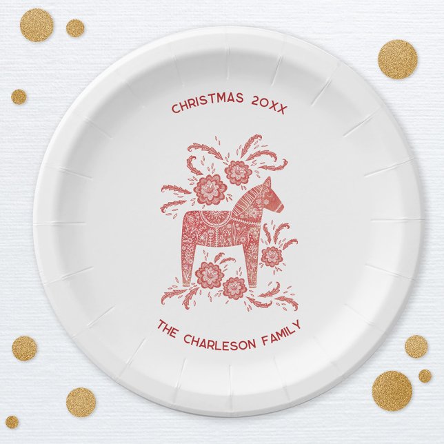 Plato De Papel Caballo de dala sueco rojo y blanco personalizado (Swedish Dala Horse Scandinavian red and white personalized custom text Christmas party paper plates)