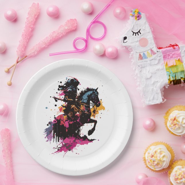 Plato De Papel Caballo de guerrero en acuarela (Fiesta)