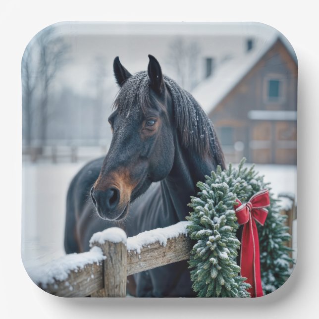 Plato De Papel Caballo de Invierno con corona de Navidades (Anverso)