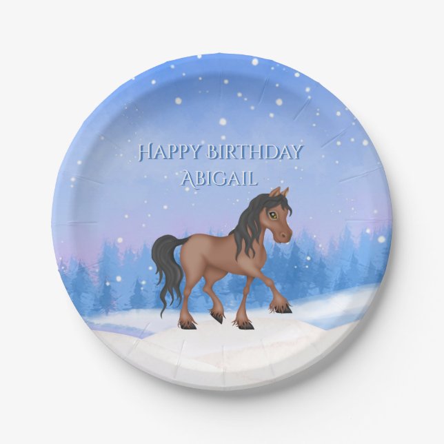 Plato De Papel Caballo de invierno personalizado y cumpleaños de  (Anverso)