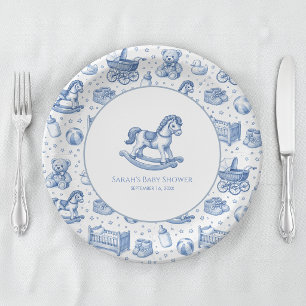 Plato De Papel Caballo de Juguete Azul y Blanco Fiesta para Bebé 