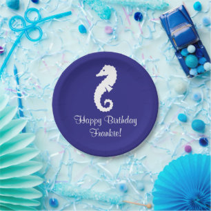 Plato De Papel Caballo de mar Cumpleaños Azul Blanco 4Frankie