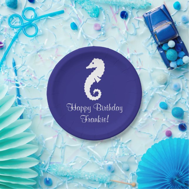 Plato De Papel Caballo de mar Cumpleaños Azul Blanco 4Frankie (Fiesta)