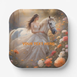 Plato De Papel Caballo de novia y de Stallion blanco parado en un