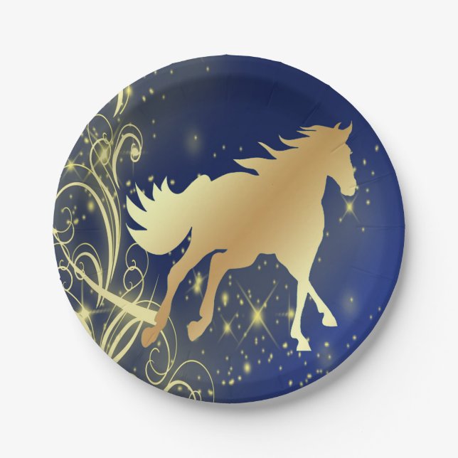 Plato De Papel Caballo De Oro Fiesta Occidental En Placas Azules (Anverso)